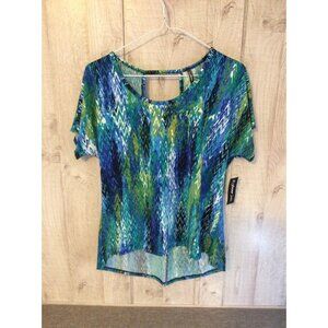 Forever Jade Womens Small Hi Lo Hem Shirt Green Blue Zigzag Shimmery Mermaid